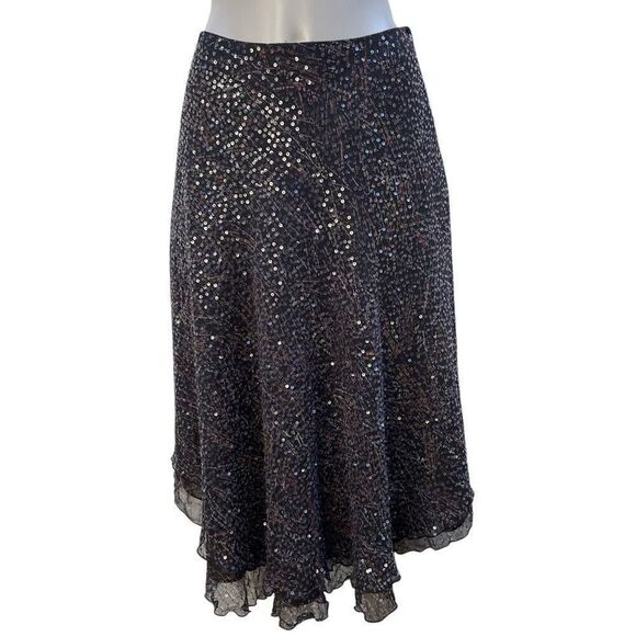 Vtg Worth Evening Midi Skirt Size 6 Brown Sequin 100% silk Asymmetrical Layered - Picture 1 of 16